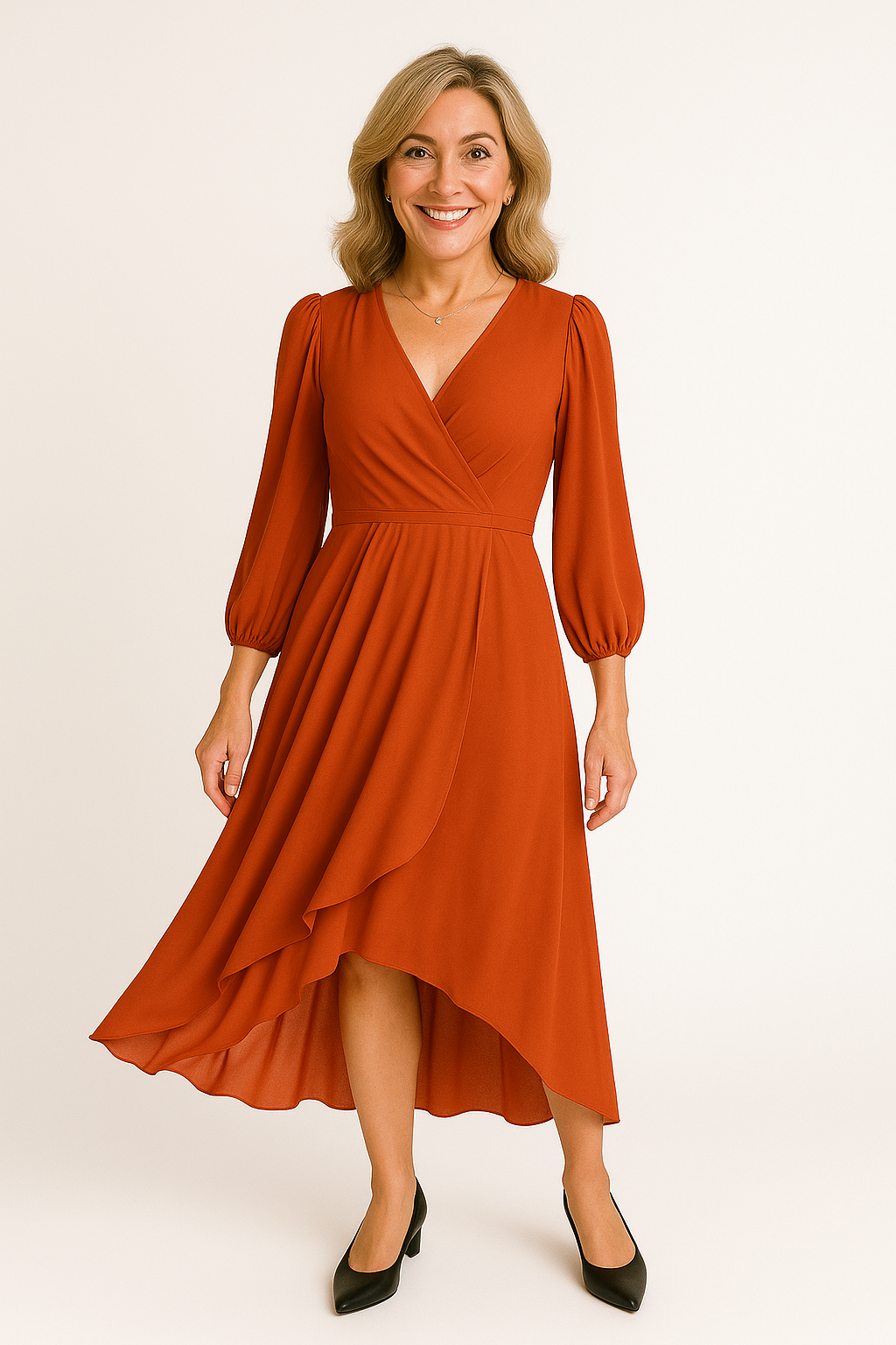 Mila™| Stijlvolle Jurk met V-Hals en Pofmouwen.